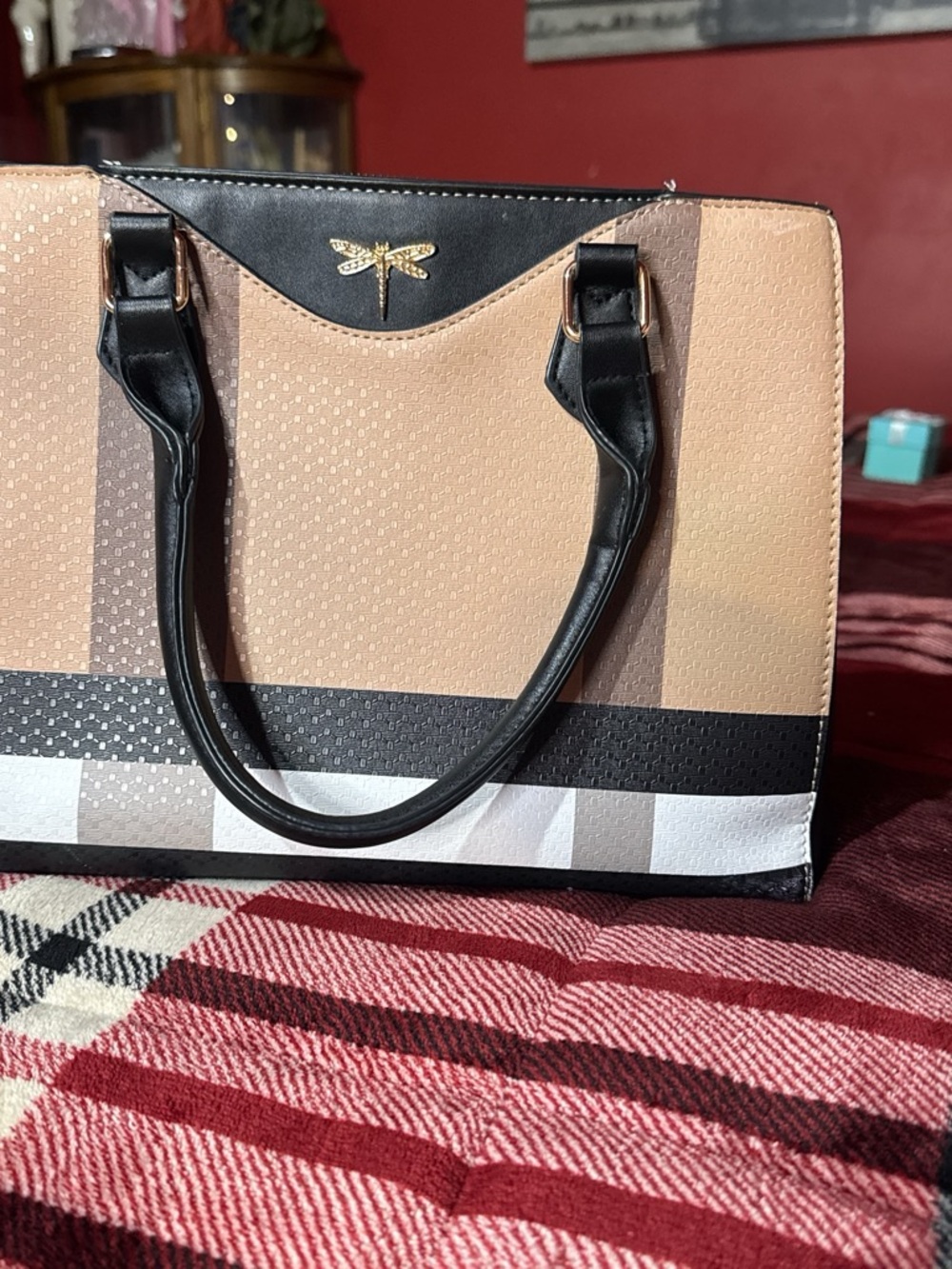 Structured Beige and Black Dragonfly Accent Tote Bag